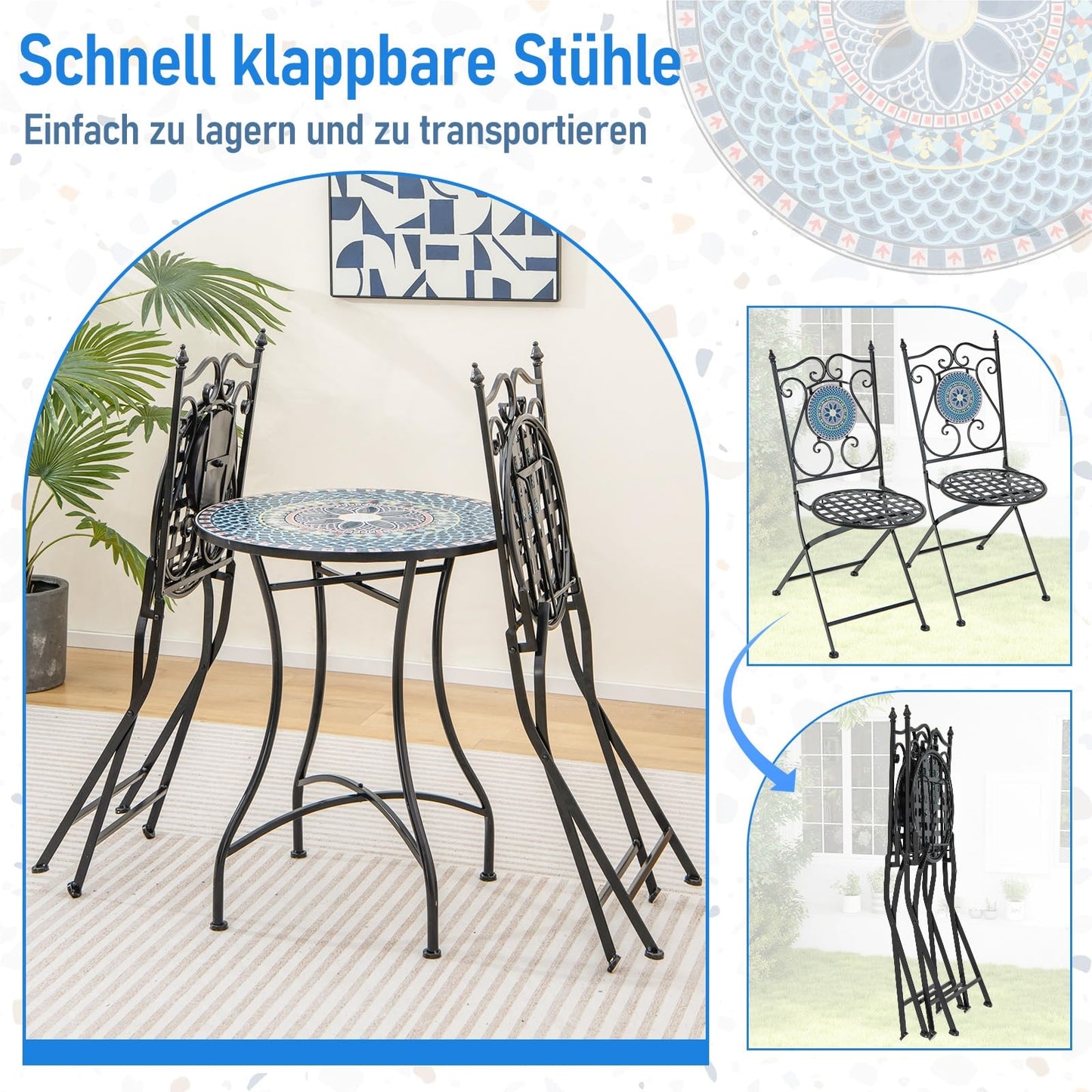 Bistroset – Balkonset – Tuinset – Stoelenset – Tuinmeubel – Mozaïekdesign – 3-delig – Inklapbaar Metalen Frame – Comfortabele Hoge Rugleuningen