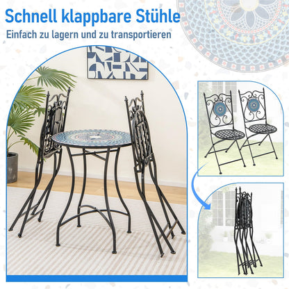 Bistroset – Balkonset – Tuinset – Stoelenset – Tuinmeubel – Mozaïekdesign – 3-delig – Inklapbaar Metalen Frame – Comfortabele Hoge Rugleuningen