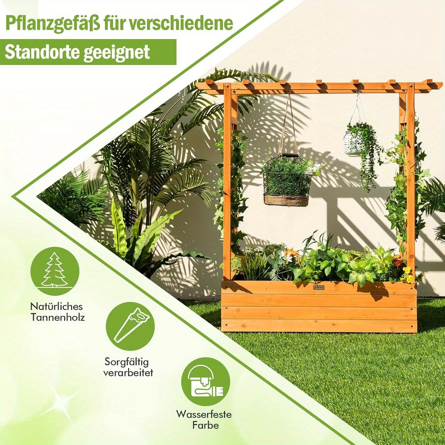 Verhoogde Plantenbak – Tuinbak – Balkonbak – Bloembak – Kruidenbak – Oranje Grenenhout – Verticale Structuur Met Rankenrek – Afneembare Bodem Met Drainage
