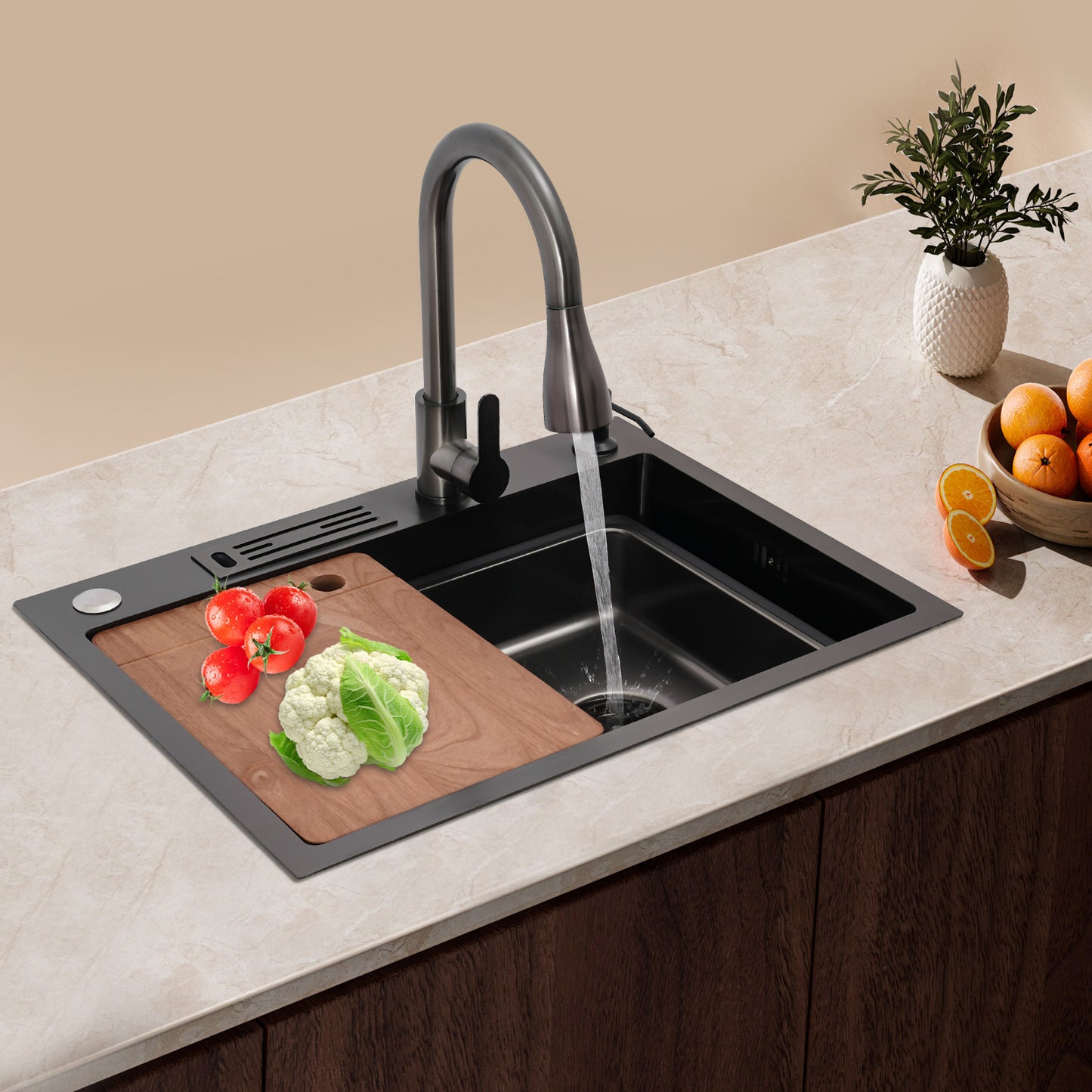 OUKANING Kitchen Sink with 360° Rotatable Pull-out Faucet, Stainless Steel Sink with Chopping Board & Soap Dispenser, Stainless Steel Sink Set, for Home/ Hotel/ Restaurant/ Bar