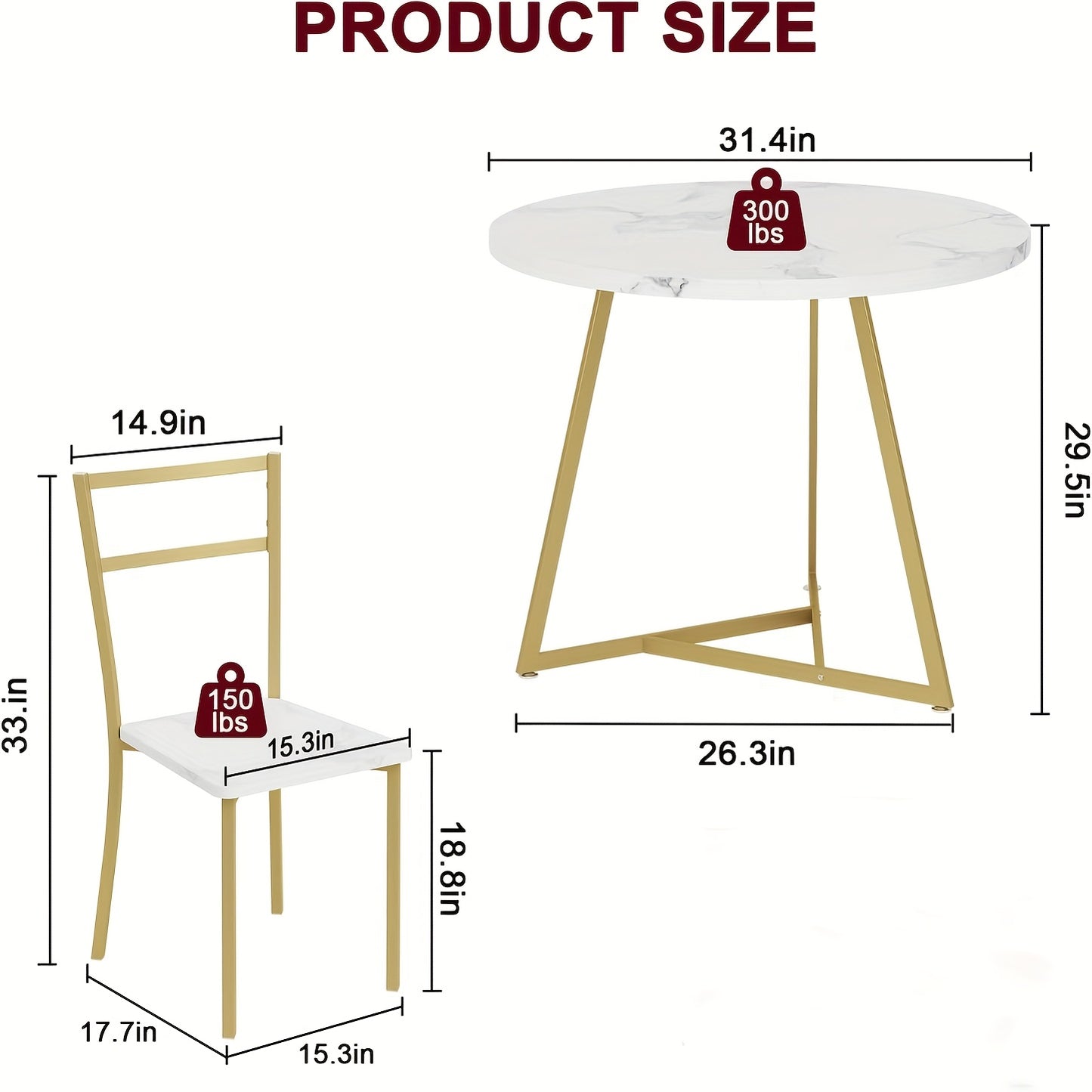 Eettafelset – Eethoek – Keukentafelset – Zitgroep – Tafel en Stoelen – Ronde Tafel Ø 80 cm – Wit Marmerlook Met Goud Metaal – Ruimtebesparend Compact Design – Makkelijk Schoon Te Maken
