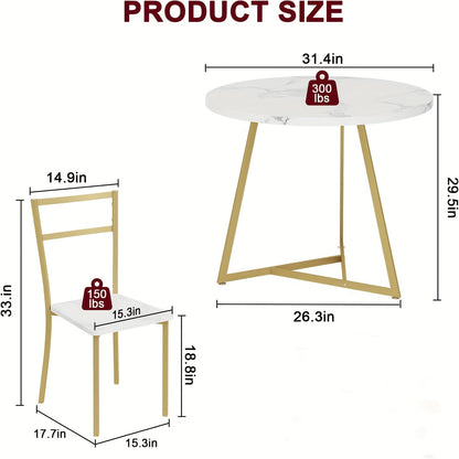 Eettafelset – Eethoek – Keukentafelset – Zitgroep – Tafel en Stoelen – Ronde Tafel Ø 80 cm – Wit Marmerlook Met Goud Metaal – Ruimtebesparend Compact Design – Makkelijk Schoon Te Maken