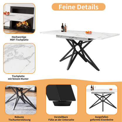 Uitklapbare Eettafel – Uitschuifbare Keukentafel – Verlengbare Tafel – Moderne Eetkamertafel – Ruimtebesparend – Wit Marmerlook Blad – 120-160 cm – Eenvoudige Montage