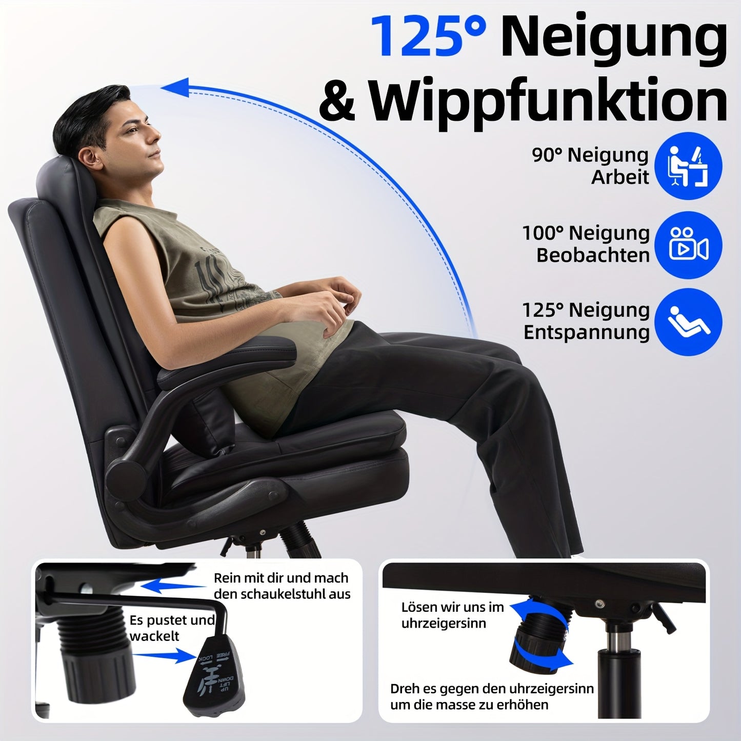 Bureaustoel – Ergonomische Stoel – Office Chair – Gamingstoel – Computerstoel – Dubbel Gevuld Rugkussen – Verstelbare Opklapbare Armleuningen – Draaifunctie & Kantelfunctie – Max 150 kg – Zwart