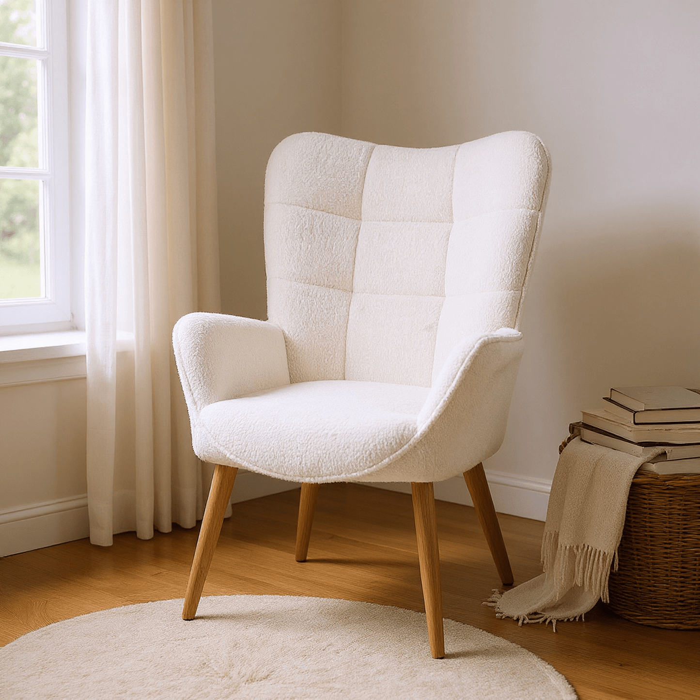 Loungestoel – Fauteuil – Leunstoel – Relaxstoel – Zithoekstoel – Scandinavisch Design – Fleece Bekleding – Houten Poten – Wit – 72x62x90,5 cm