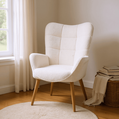 Loungestoel – Fauteuil – Leunstoel – Relaxstoel – Zithoekstoel – Scandinavisch Design – Fleece Bekleding – Houten Poten – Wit – 72x62x90,5 cm