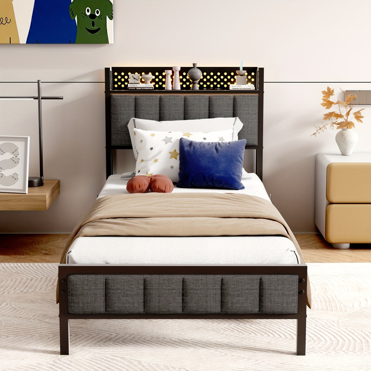 Metal Bed Frame 140 X 200cm, 90 X 200cm, Upholstered Bed Frame with Height Headboard Fabric Bed with Slatted Frame Stable Bed Frame Padded Bed, No Box Spring Required, Metal Bed, Guest Bed, Double Bed Made Of Metal, Easy Asse