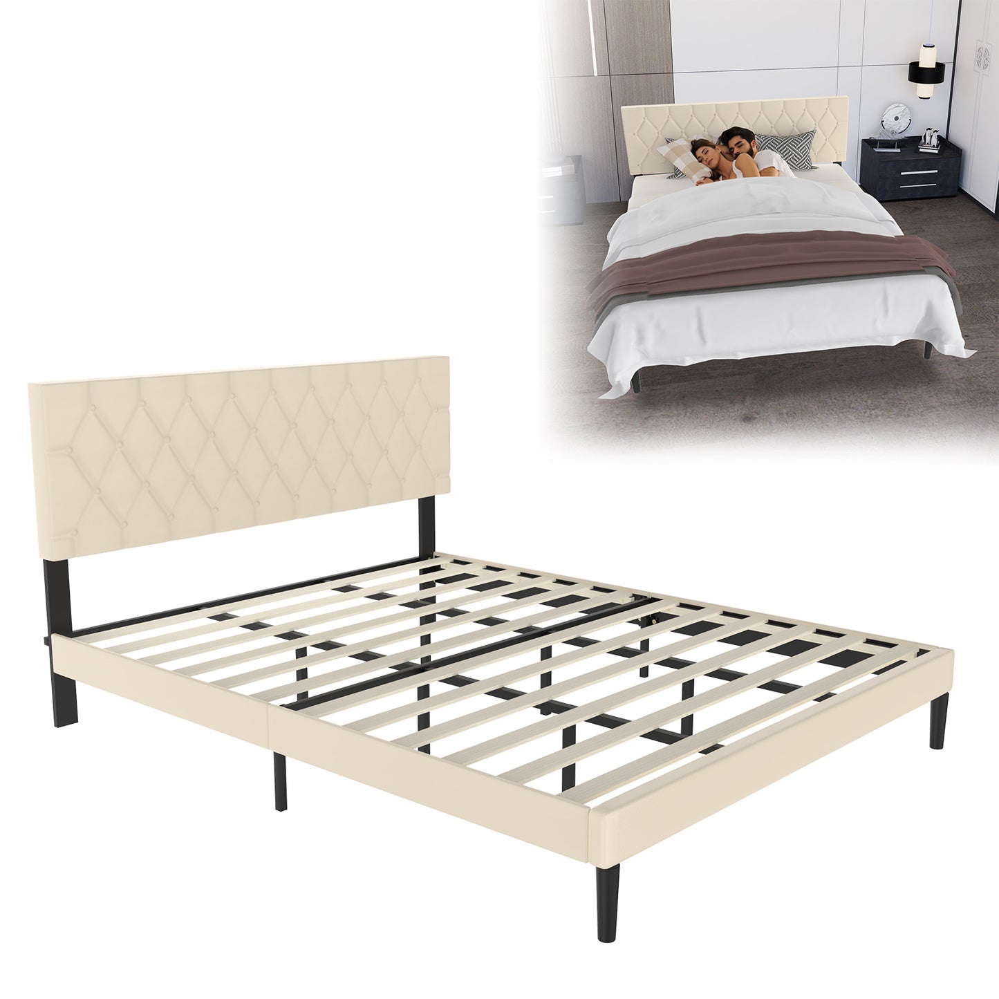 Boxspringbed – Gestoffeerd Bed – Bedframe – Tweepersoonsbed – Slaapkamer Bed – Imitatieleer – 160x200 cm – Comfortabel Hoofdbord – Stevige Houten Lattenbodem