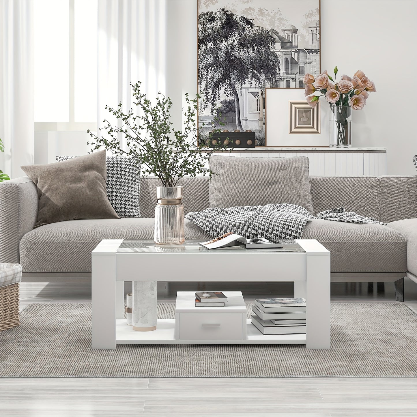 Salontafel – Tafel – Koffietafel – Woonkamertafel – Opbergtafel – Modern Wit Design – Glazen Blad Met Opbergruimte