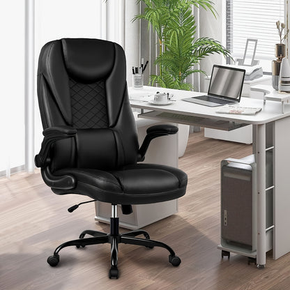 Bureaustoel – Office Chair – Executive Stoel – Werkstoel – Draaistoel – Ergonomische Hoge Rugleuning – Flip-Up Armleuningen – Kunstleren Bekleding – Verstelbare Kantelfunctie – Stevig Metalen Onderstel