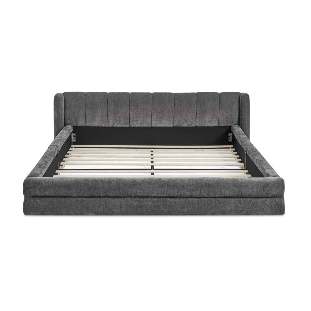 Double bed 160×200cm, chenille fabric, comfortable backrest, solid eucalyptus wood and iron frame, easy to assemble, dark grey/beige (mattress not included), Day Bed With Mattress Included, King Size Bed Frame, Bunk Beds Wit