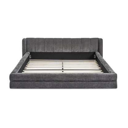 Double bed 160×200cm, chenille fabric, comfortable backrest, solid eucalyptus wood and iron frame, easy to assemble, dark grey/beige (mattress not included), Day Bed With Mattress Included, King Size Bed Frame, Bunk Beds Wit
