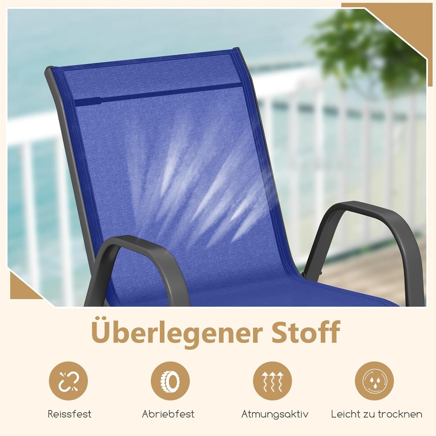 Tuinstoelen – Tuinstoel Set – Balkonstoelen – Terrasstoelen – Stapelbare Stoelen – Blauw – Weerbestendig Textiel – Metalen Frame – Belastbaar Tot 150 kg – 56x70x84 cm