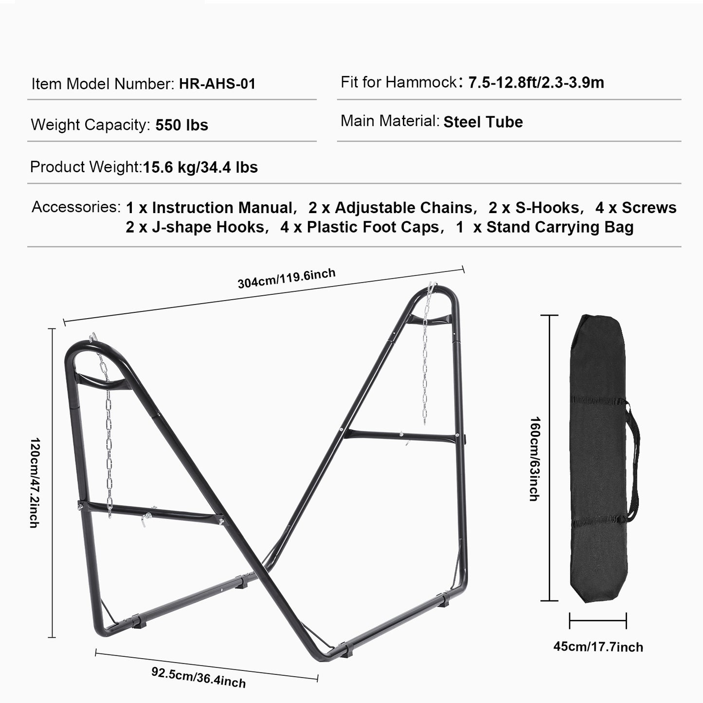 Hangmatstandaard – Hangmat Frame – Tuinstandaard – Metalen Standaard – Vrijstaande Ophanging – Verstelbare Kettingen – Gepoedercoat Staal – Draagvermogen 250 kg