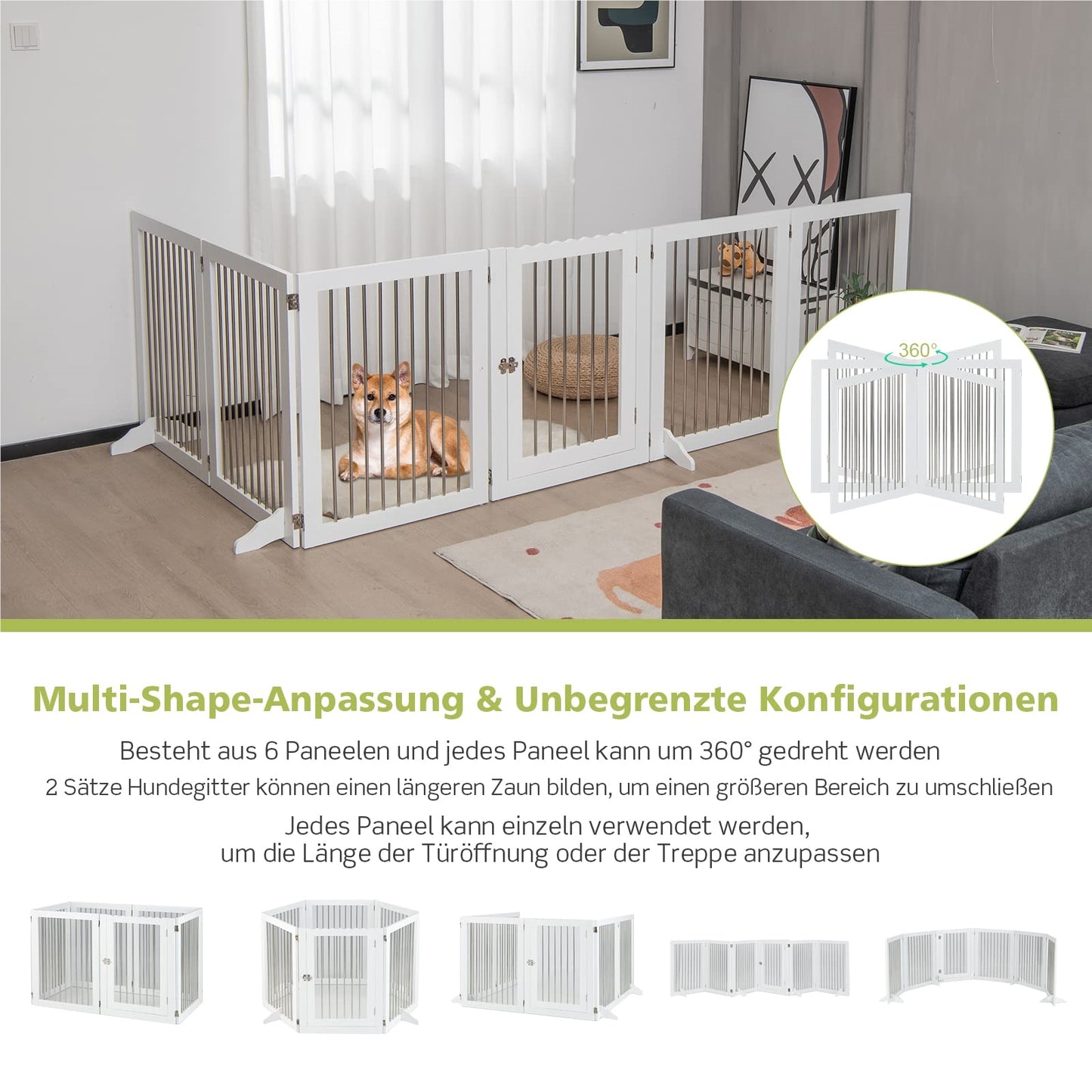 Hondenhek – Hondenren – Puppyhek – Traphekje – Loophekje – Vrijstaand – 6 Panelen Met Deur – 80 cm Hoog – Opvouwbaar – Wit – RVS & Hout – Extra Stevige Steunen