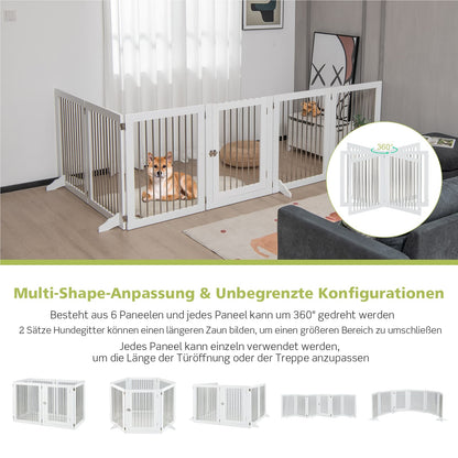 Hondenhek – Hondenren – Puppyhek – Traphekje – Loophekje – Vrijstaand – 6 Panelen Met Deur – 80 cm Hoog – Opvouwbaar – Wit – RVS & Hout – Extra Stevige Steunen