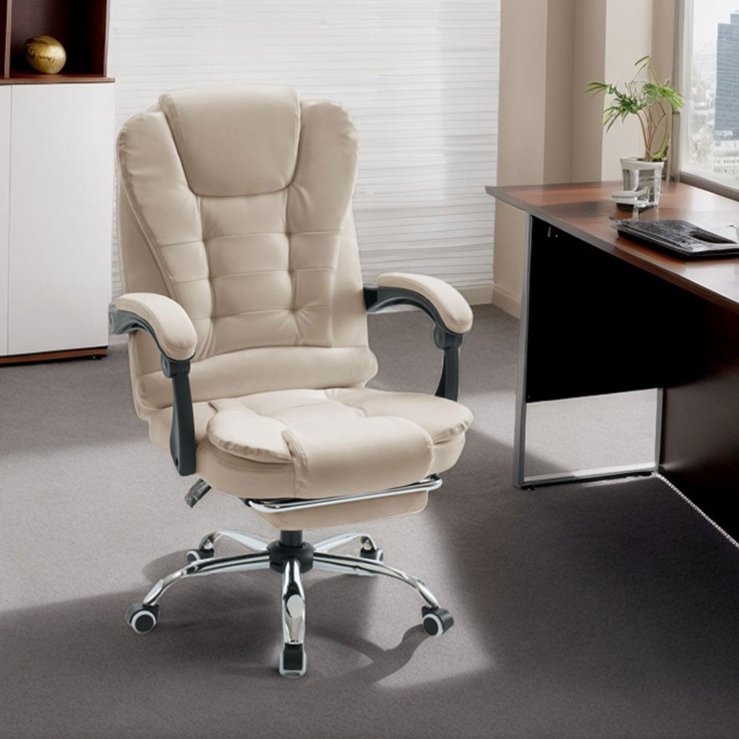 Bureaustoel – Kantoorstoel – Gamestoel – Office Chair – Executive Chair – Extra Groot – Voetensteun – Ergonomisch – Hoog Rugleuning – PU Leer – Stille Wieltjes – Verstelbaar – Stevig Metalen Onderstel – Beige