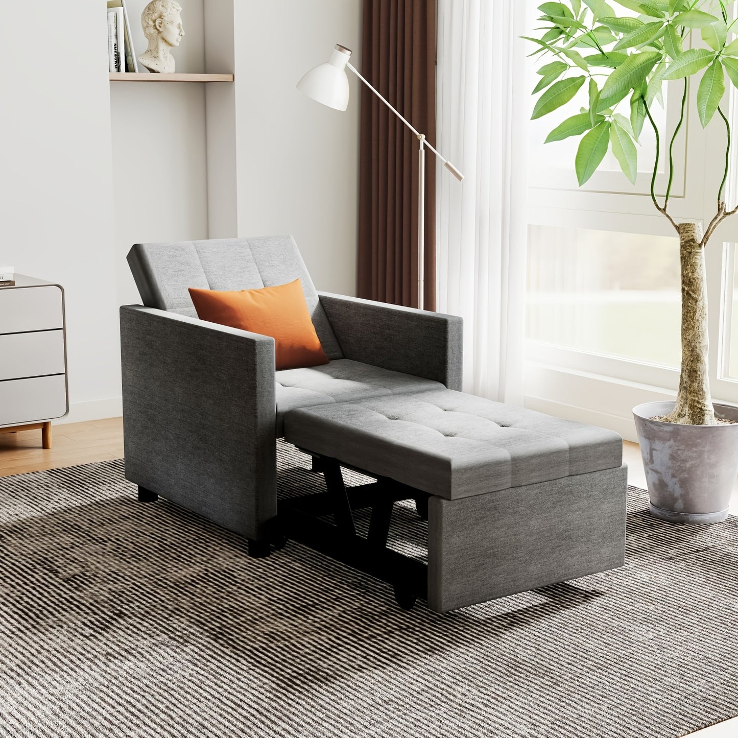 3-in-1 Sofa Bed Chair: Convertible Sleeper with Adjustable Backrest & Foldable Pull-Out Bed - Space-Saving Single Sofa Suitable for Small Apartments, Dorms, Studios - Assembly, Sturdy Frame, Modern Light Grey