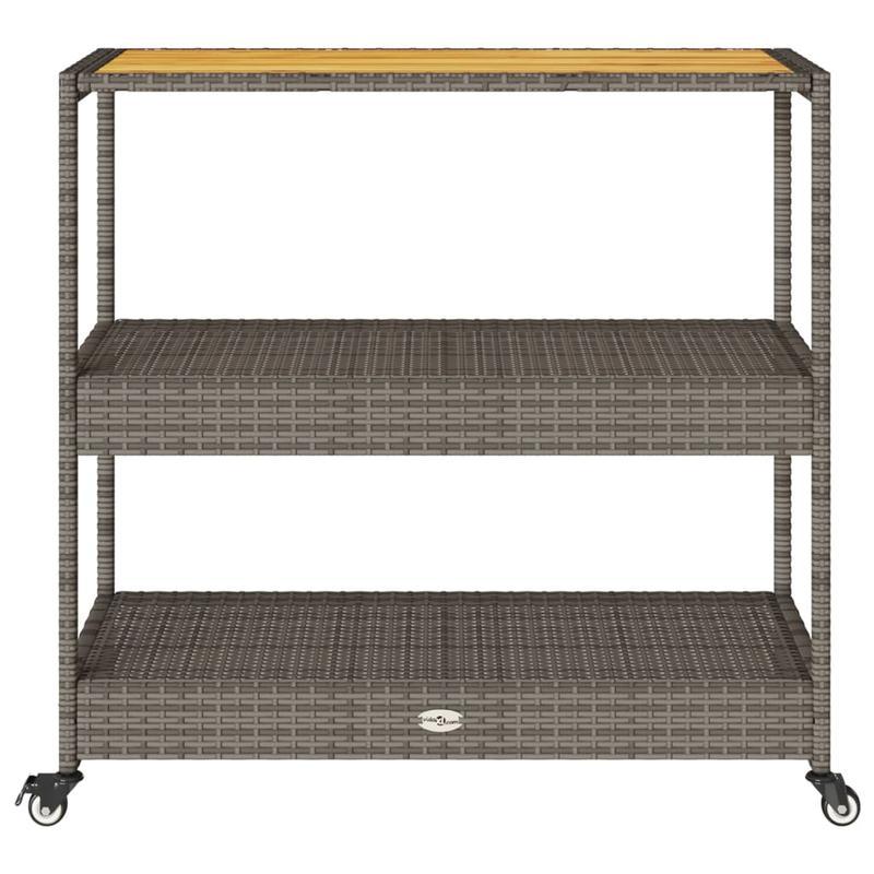 Keukentrolley 3-laags poly rattan en massief acaciahout grijs