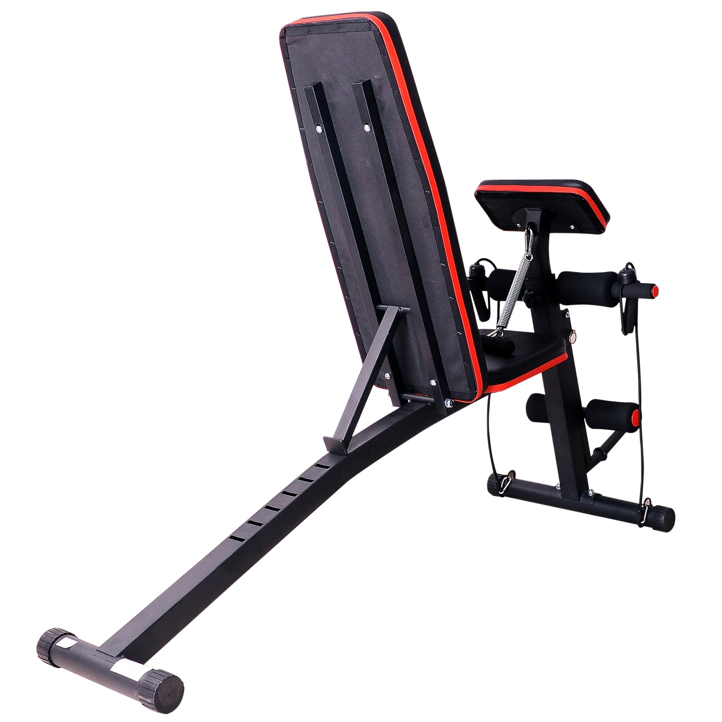 Verstelbare Halterbank – Gewichtbank – Fitnessbank – Trainingsbank – Bank Voor Krachttraining – Inklapbaar – Versterkt Stalen Frame – Elastische Weerstandsbanden + Dumbbellhouder – Zwart/rood