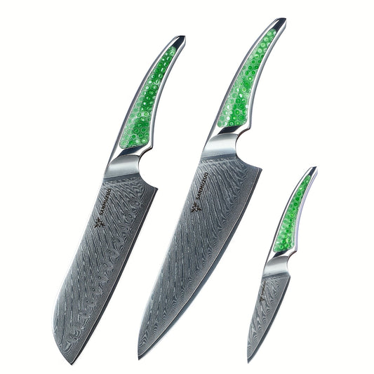 Santokumes – Koksmes – Officemes – Keukenmes – Santoku Knife – VG10 Damascus Staal – Ergonomisch Resine Handvat – 3-Delige Set