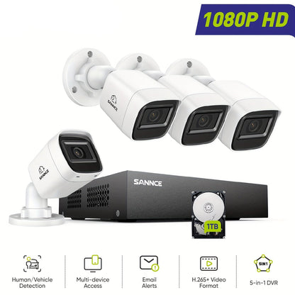 8-kanaals CCTV Beveiligingssysteem – 5-in-1 Videobewaking – Beveiligingscamera – DVR Recorder – Nachtzicht 20m – 1TB Opslag – Slimme Mens- en Voertuigdetectie – H.265+ Compressie