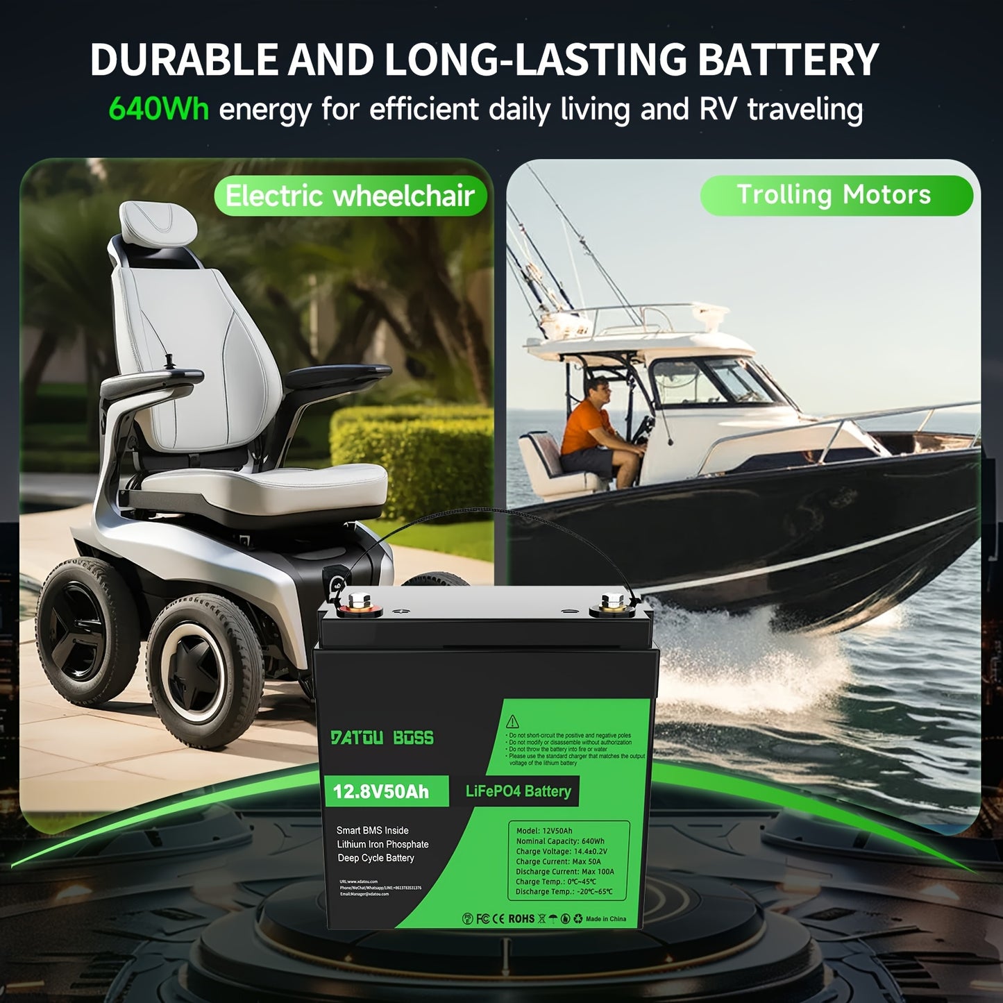LiFePO4 Accu – Lithium Batterij – Lithium-IJzerfosfaat Accu – Camper Accu – Boot Accu – 12,8V 50Ah – Lichtgewicht 4,4 kg – Ingebouwde 50A BMS Veiligheid