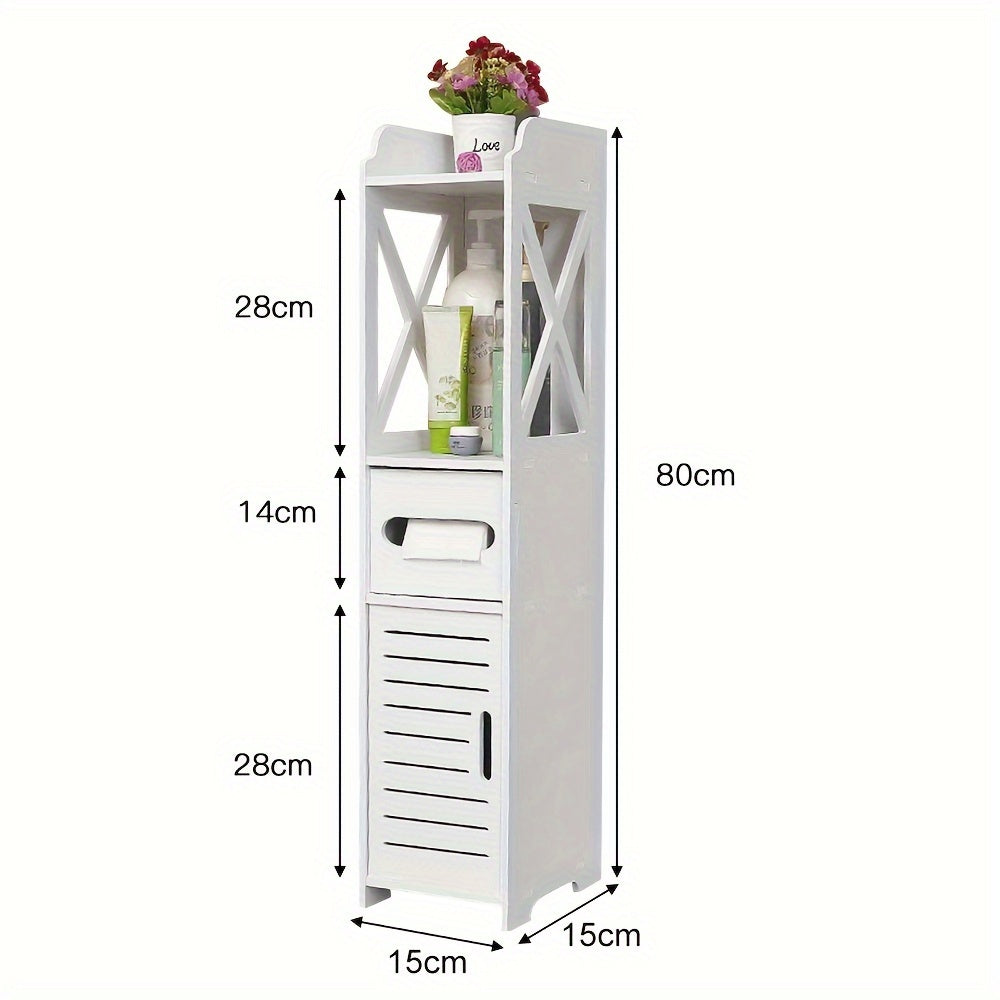 Badkamerkast – Opbergkast – Kolomkast – Opbergmeubel – Smalle Kast – Compact Ontwerp – PVC en Hardhout – 15x15x80 cm – Wit – Vrijstaand – Met Deur