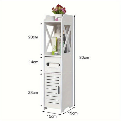Badkamerkast – Opbergkast – Kolomkast – Opbergmeubel – Smalle Kast – Compact Ontwerp – PVC en Hardhout – 15x15x80 cm – Wit – Vrijstaand – Met Deur