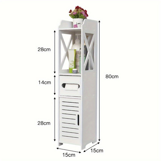 Badkamerkast – Opbergkast – Kolomkast – Opbergmeubel – Smalle Kast – Compact Ontwerp – PVC en Hardhout – 15x15x80 cm – Wit – Vrijstaand – Met Deur