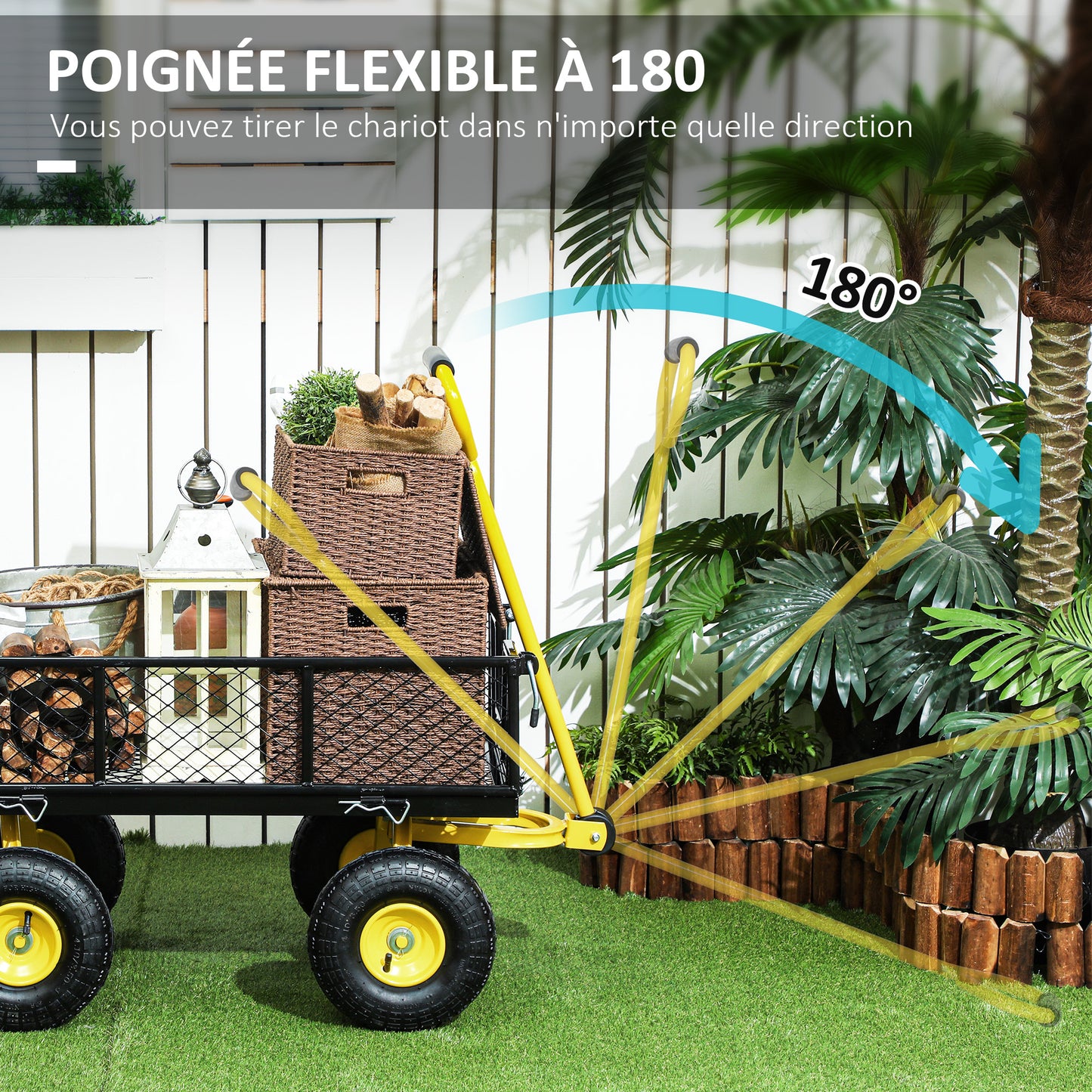 Tuinwagen – Transportwagen – Kar – Wagon – Aanhanger – Afneembare Zijden – 180° Draaibare Hendel – Stalen Frame 200 kg Draagkracht – Zwart/Geel