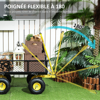 Tuinwagen – Transportwagen – Kar – Wagon – Aanhanger – Afneembare Zijden – 180° Draaibare Hendel – Stalen Frame 200 kg Draagkracht – Zwart/Geel