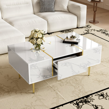 Salontafel – Koffietafel – Woonkamertafel – Bijzettafel – Tafeltje – Hoogglans Wit – 2 Ruime Lades – Gemakkelijk Schoon Te Maken
