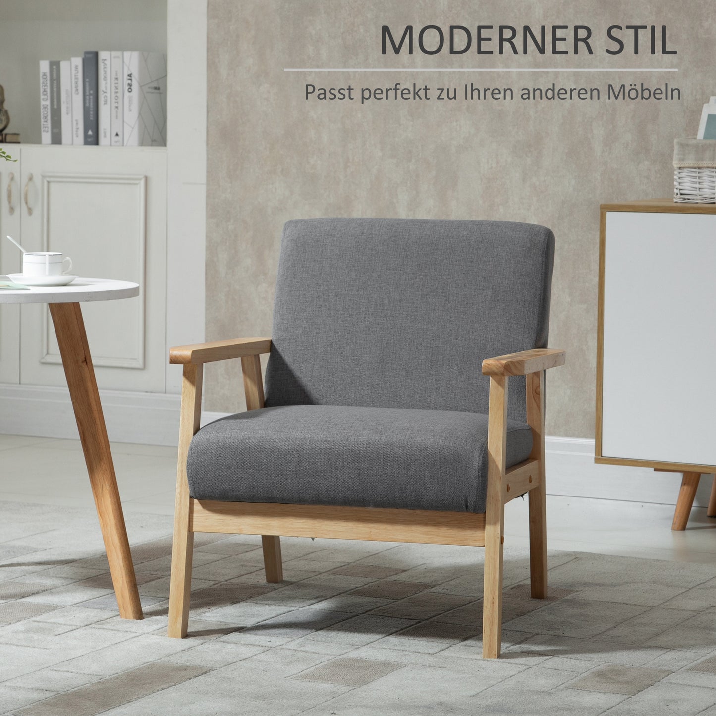 Stoel – Accentstoel – Fauteuil – Zithoekstoel – Lounge Stoel – Scandinavisch Design – Massief Houten Frame – Linnenlook Grijs – 64x70x72 cm