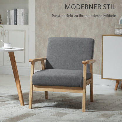 Stoel – Accentstoel – Fauteuil – Zithoekstoel – Lounge Stoel – Scandinavisch Design – Massief Houten Frame – Linnenlook Grijs – 64x70x72 cm