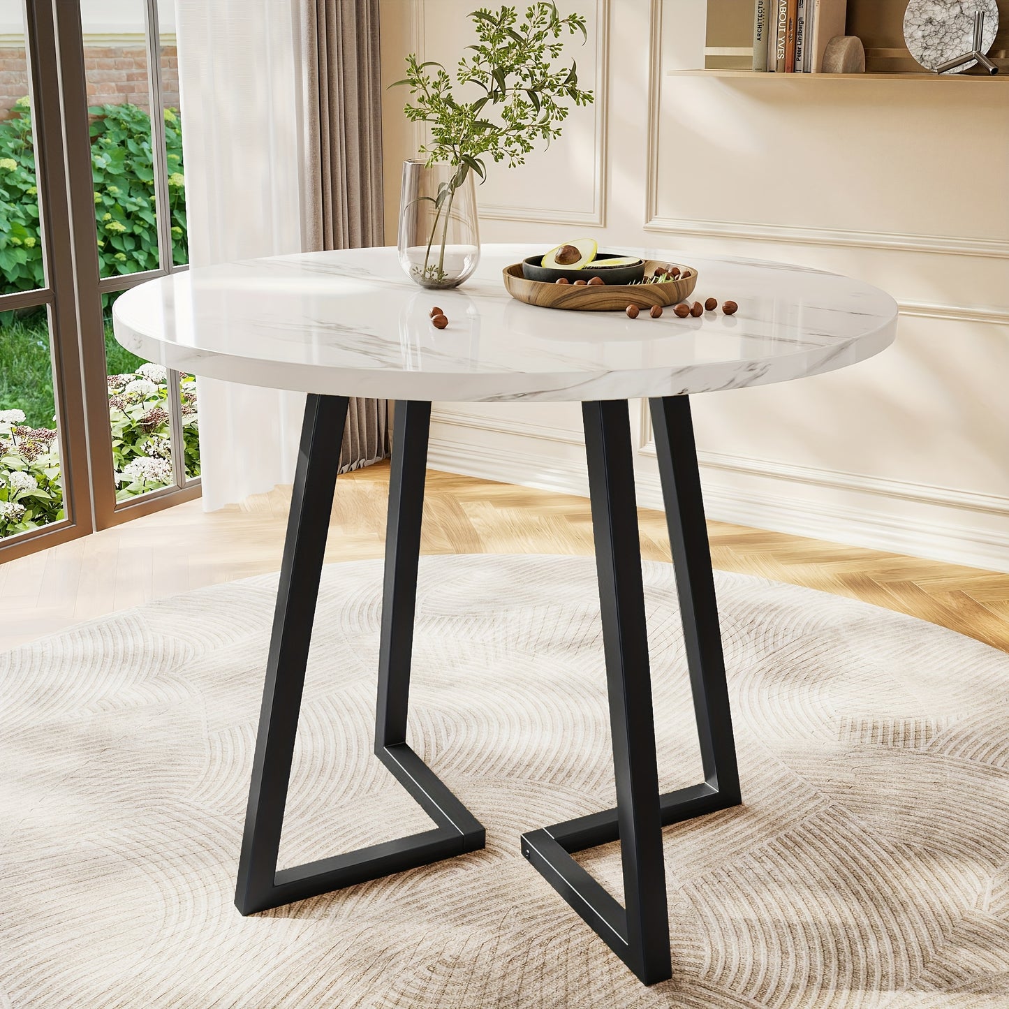 Ronde Eettafel – Eettafel Rond – Keukentafel – Tafel Voor Eetkamer – Witte Tafel – Uniek Geometrisch Onderstel – Duurzaam Niet-Hout Tafelblad