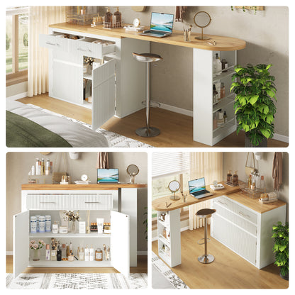 Extendable Bar Table with Storage Space (137-215 × 39 × 102.3cm), Modern Mobile Bar Table, Extendable Bar Table with One Drawer and Two Shelves, Tall Kitchen Island Dining Table, White