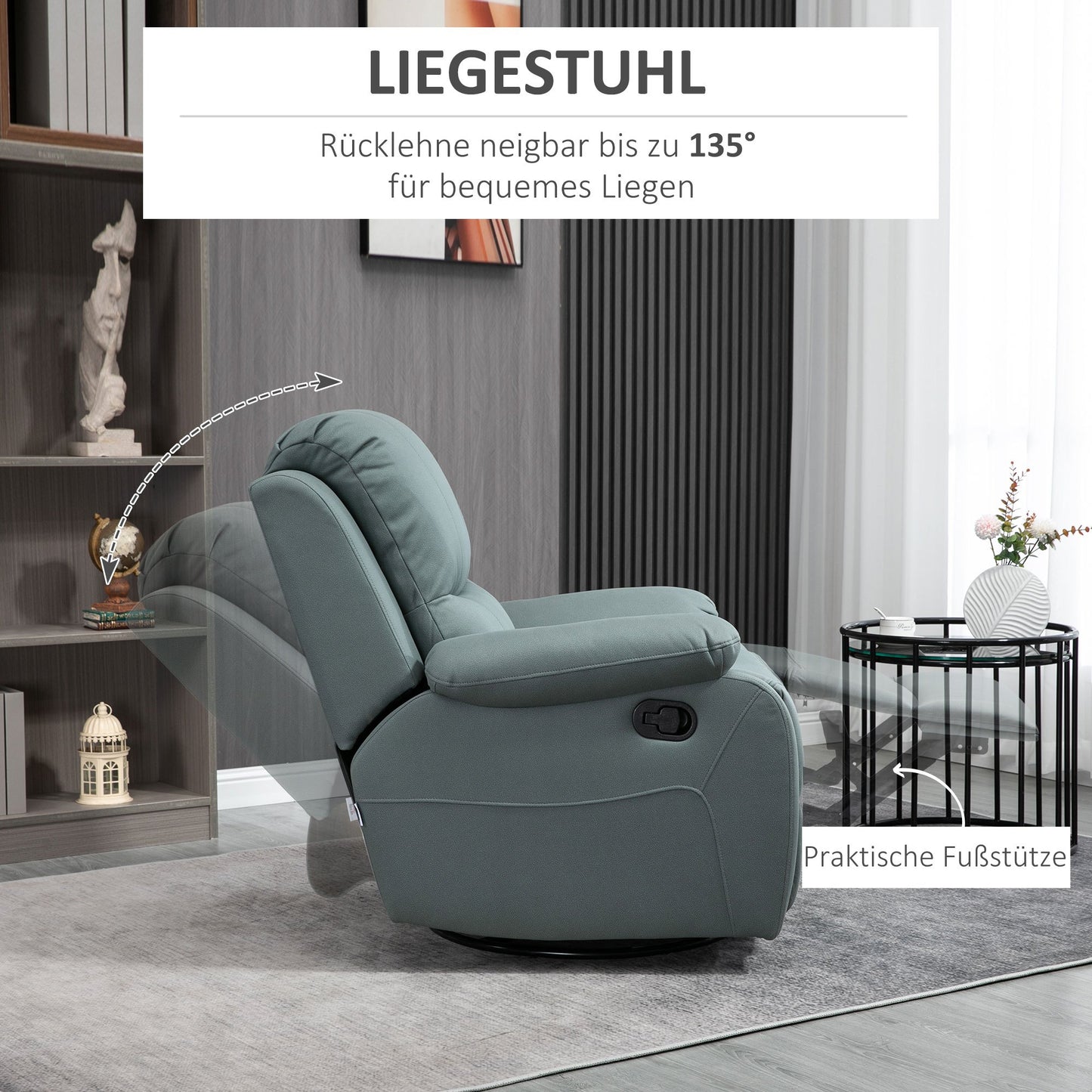 Relaxfauteuil – Relaxstoel – Fauteuil – TV-stoel – Loungefauteuil – Groen Polyester – Verstelbare Rugleuning en Voetensteun – Draaibaar en Schommelend