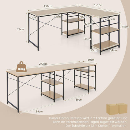 Hoekbureau – L-Vormig Bureau – Computerbureau – Gaming Bureau – Kantoor Bureau – 151x151x75 cm – Met 4 Opbergruimtes – Kabeldoorvoeren
