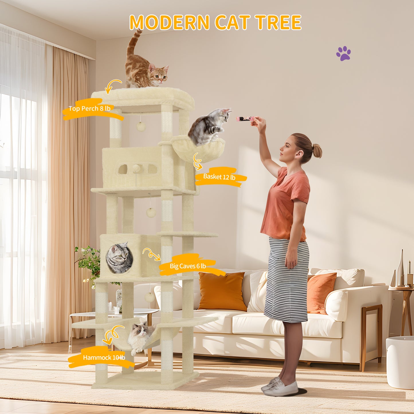 Krabpaal – Kattenkrabpaal – Kattenboom – Kattenhuis – Kattentoren – 210 cm Hoogte – Groot Platform 60x40 cm – Wasbare Mat – 8 Sisal Krabpalen – Geschikt Voor Grote Katten – Beige