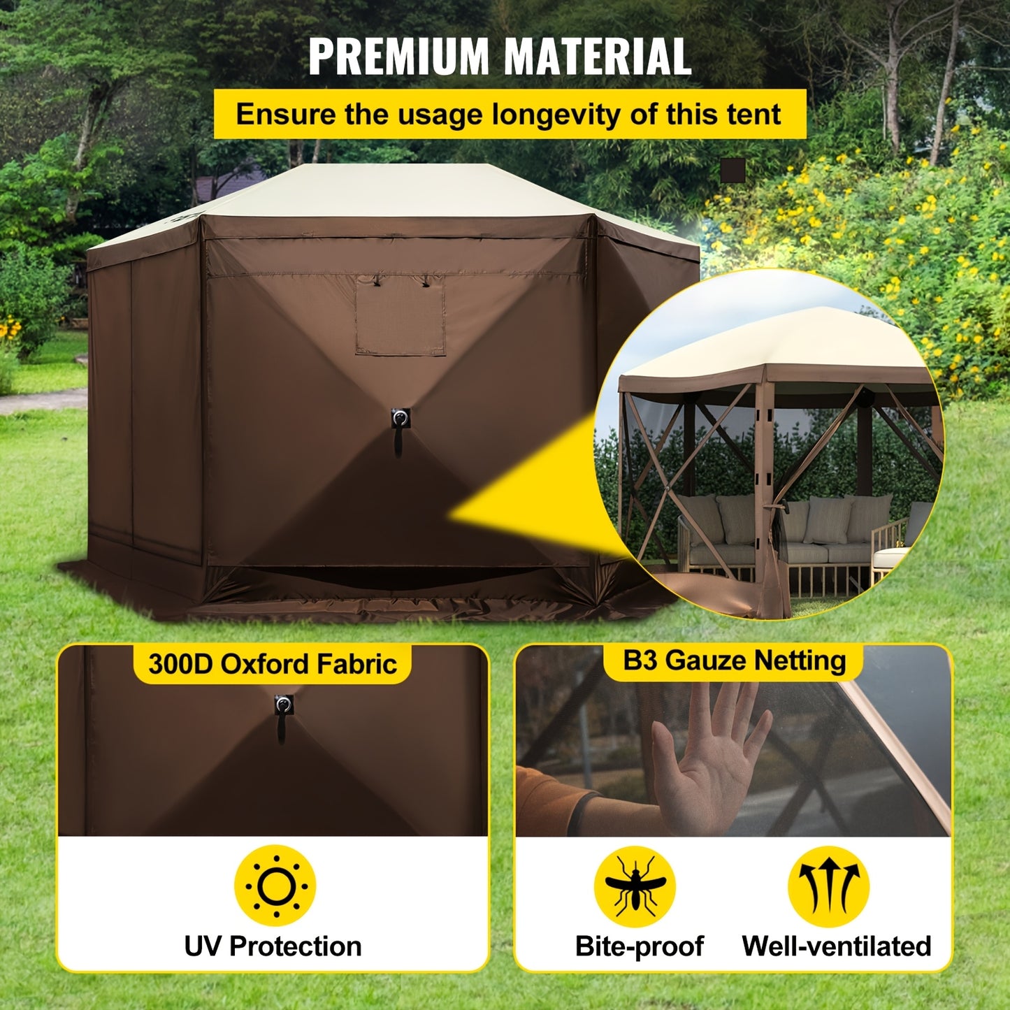 Partytent – Paviljoen – Easy Up Tent – Tuintent – Feesttent – 3,66x3,66 Meter – Pop-up met Muskietennet – Inclusief Draagtas en Haringen