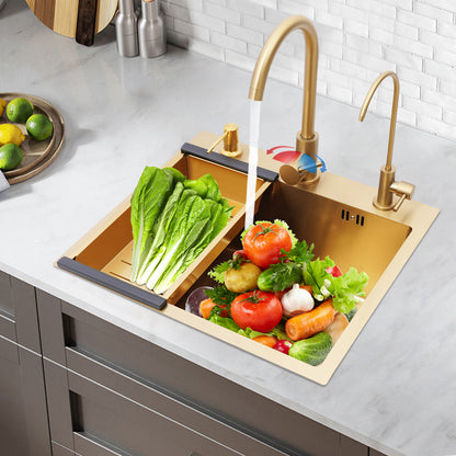 Gouden Keukenspoelbak – Spoelbak RVS – Keukenspoelbak Enkel – Ondermontage Spoelbak – Opbouwspoelbak – 50x45 cm Grootte – Anti-Corrosie Nano-Coating & Geluiddempend Matje