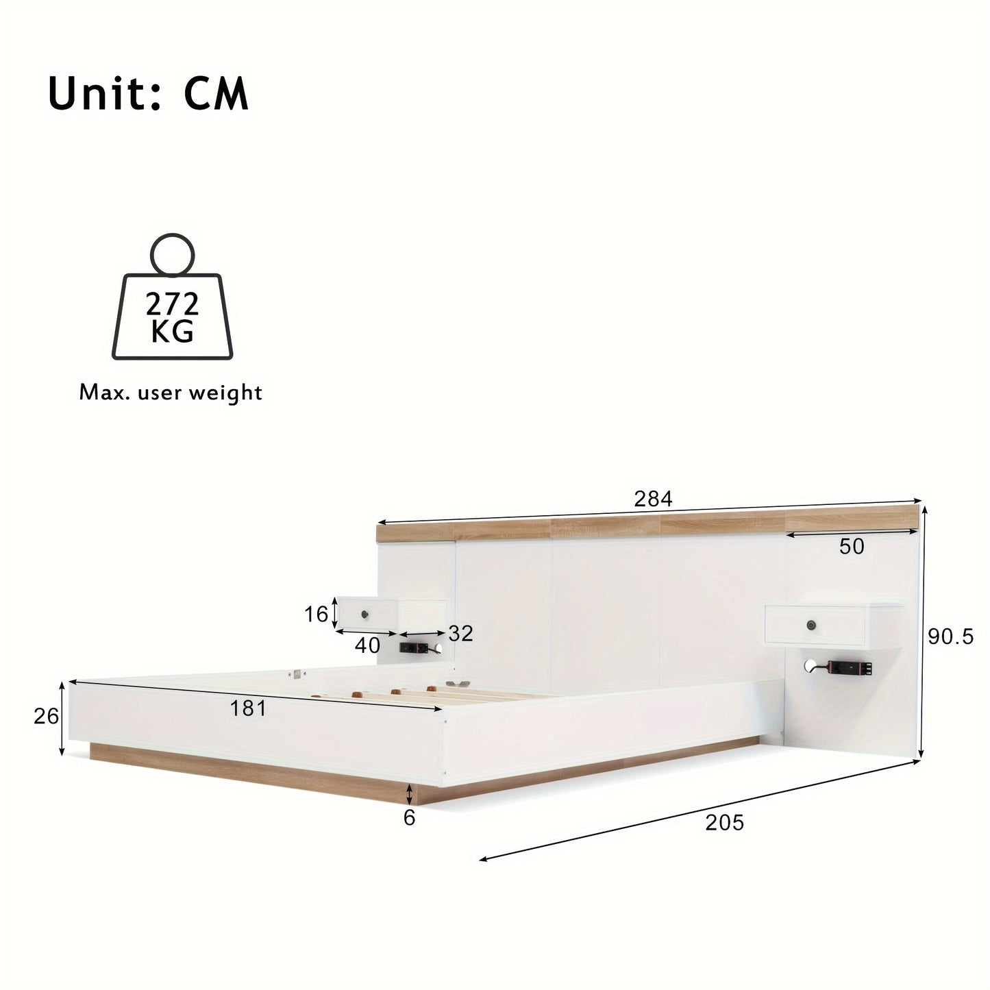 With 2 Bedside Tables And Double Bed System 180 X 200 Cm, Bedroom Set - 205x284x90.5 Cm (L/W/H), (excluding Mattress)