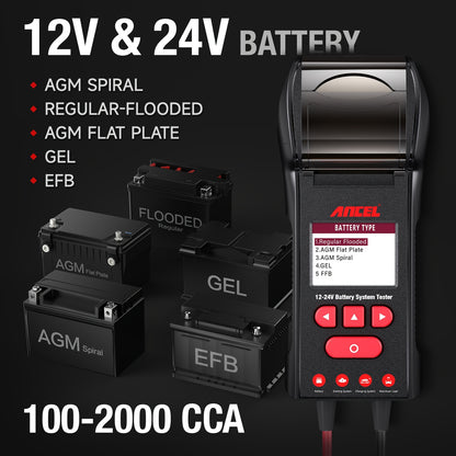 Batterijtester – Accutester – Accutestapparaat – Auto Accumeter – Accu Diagnose – 12V en 24V Batterijen – Ingebouwde Printer voor Directe Afdrukken