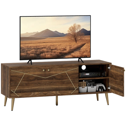 TV-Meubel – TV-Kast – Televisiekast – Mediameubel – TV-Standaard – Geschikt voor televisies tot 60 inch – Verstelbare planken met kabelbeheer – Modern bruin hout met goudkleurige stalen poten