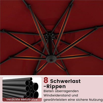 Parasol – Zweefparasol – Stokparasol – Tuinparasol – Marktparasol – Ø 300 cm – Kantelbaar en 360° Draaibaar – Rood Polyester