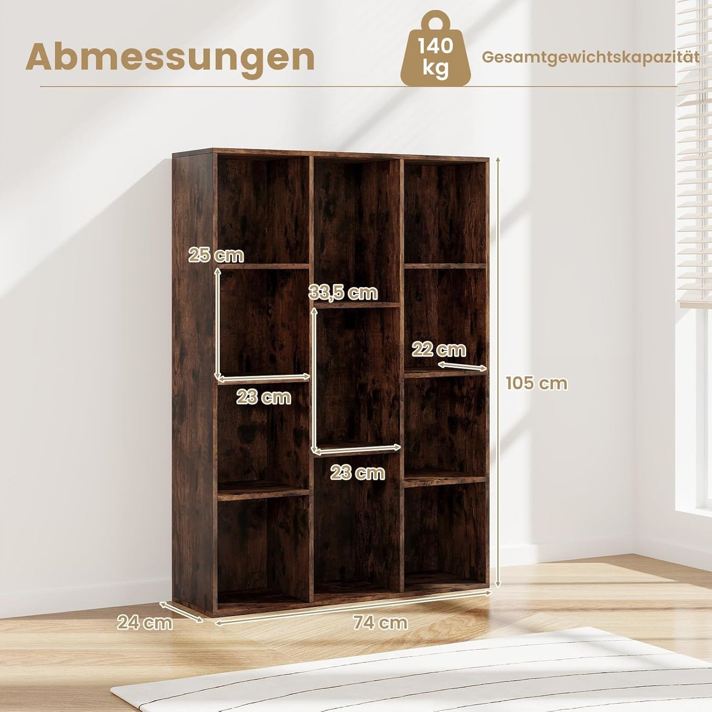 Opbergkast – Boekenkast – Wandkast – Kantooropberger – Open Vakkenkast – Houten Kast Bruin – 11 Open Vakken – Anti-Kantelbeveiliging