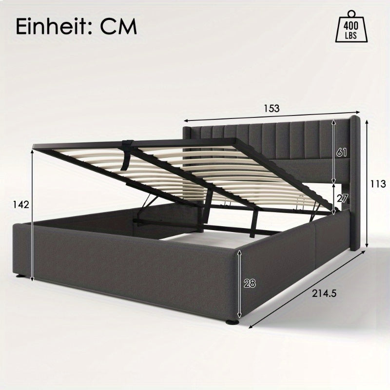 Tweepersoonsbed – 2-Persoonsbed – Bedframe – Bed – Slaapbed – Verstelbare Hoogte – Dubbele Laag Opbergruimte – 140x200 cm – Grijze Linnen Bekleding