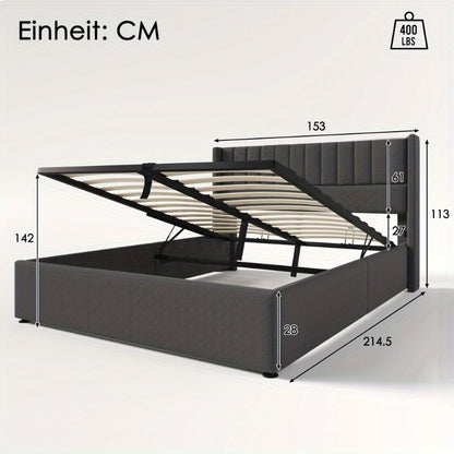 Tweepersoonsbed – 2-Persoonsbed – Bedframe – Bed – Slaapbed – Verstelbare Hoogte – Dubbele Laag Opbergruimte – 140x200 cm – Grijze Linnen Bekleding