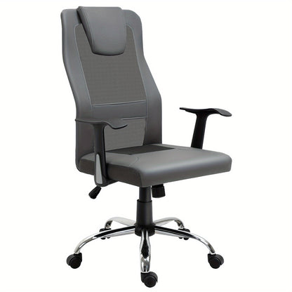 Ergonomische Bureaustoel – Bureaustoel Met Armleuningen – Draaistoel – Werkstoel – Bureaustoel Voor Thuis – Verstelbare Zithoogte – 360° Draaibaar – Grijs Kunstleer – Stevige Houten Constructie – Max. 120 kg